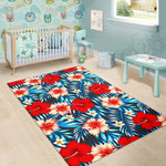 Turquoise Leaves Hibiscus Pattern Print Area Rug GearFrost