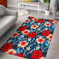 Turquoise Leaves Hibiscus Pattern Print Floor Mat