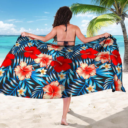 Turquoise Leaves Hibiscus Pattern Print Beach Sarong Wrap