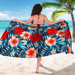 Turquoise Leaves Hibiscus Pattern Print Beach Sarong Wrap