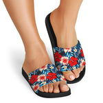 Turquoise Leaves Hibiscus Pattern Print Black Slide Sandals