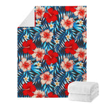 Turquoise Leaves Hibiscus Pattern Print Blanket