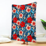 Turquoise Leaves Hibiscus Pattern Print Blanket