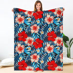 Turquoise Leaves Hibiscus Pattern Print Blanket