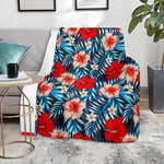 Turquoise Leaves Hibiscus Pattern Print Blanket