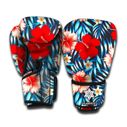Turquoise Leaves Hibiscus Pattern Print Boxing Gloves