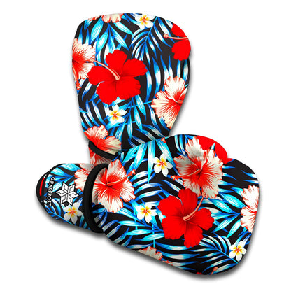 Turquoise Leaves Hibiscus Pattern Print Boxing Gloves