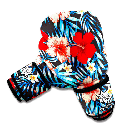 Turquoise Leaves Hibiscus Pattern Print Boxing Gloves