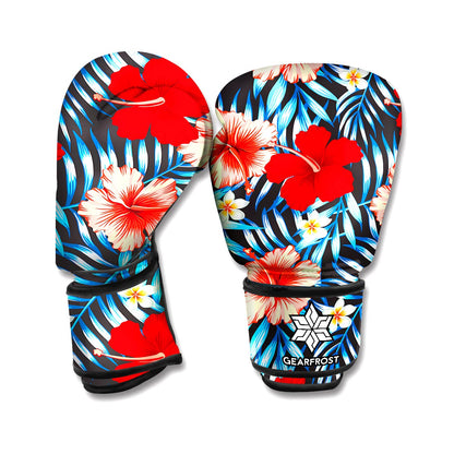 Turquoise Leaves Hibiscus Pattern Print Boxing Gloves
