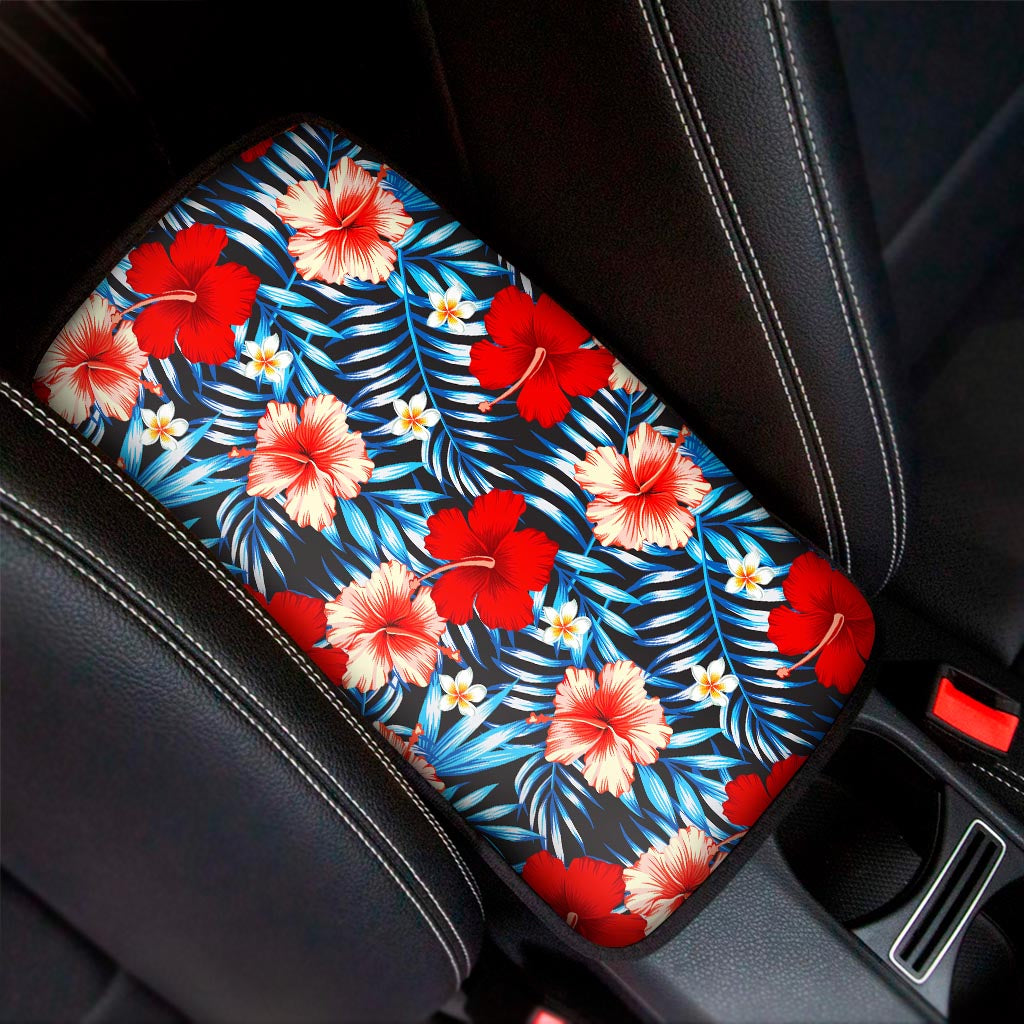 Turquoise Leaves Hibiscus Pattern Print Car Center Console Cover
