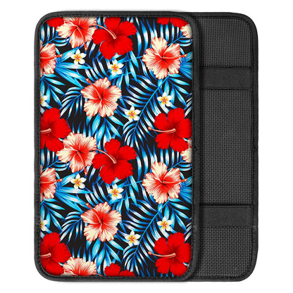 Turquoise Leaves Hibiscus Pattern Print Car Center Console Cover