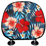 Turquoise Leaves Hibiscus Pattern Print Car Headrest Covers