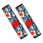 Turquoise Leaves Hibiscus Pattern Print Car Seat Belt Covers