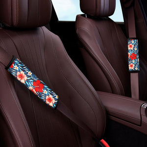 Turquoise Leaves Hibiscus Pattern Print Car Seat Belt Covers