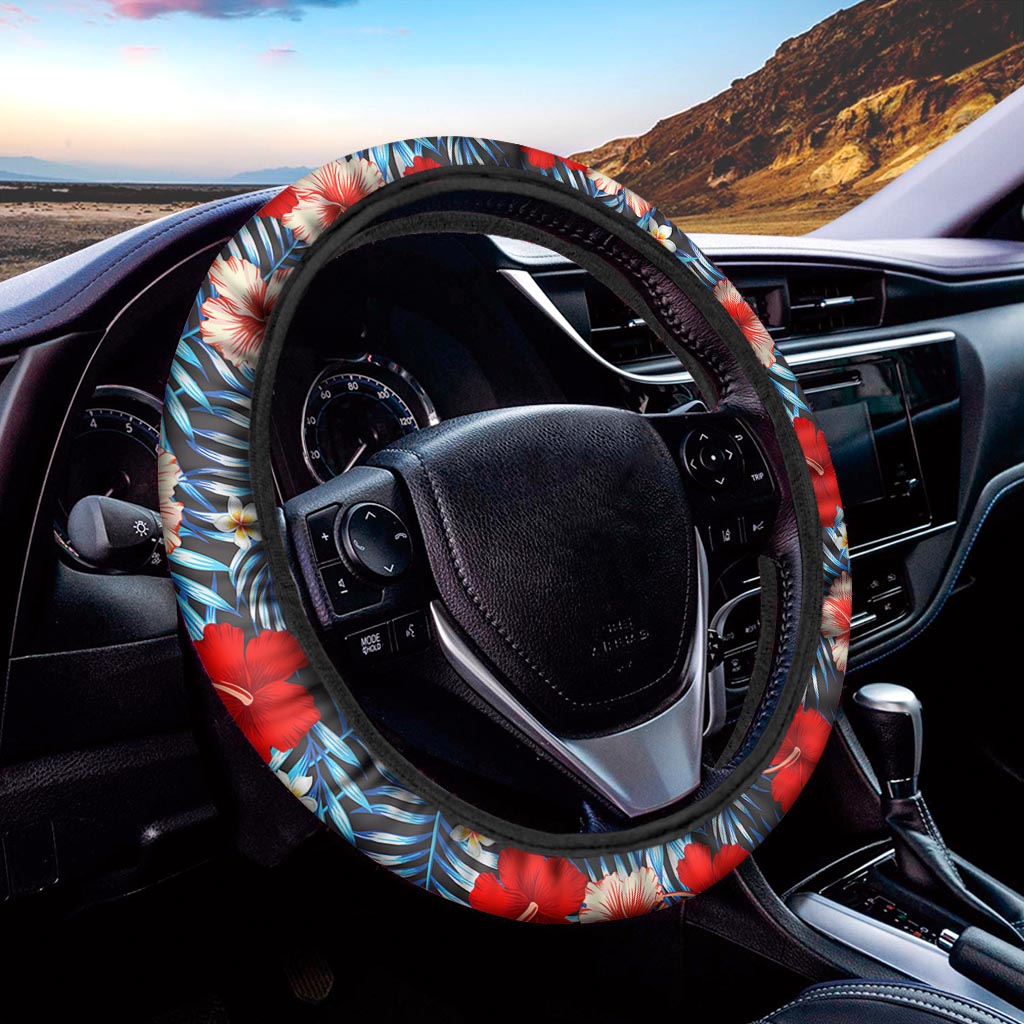Turquoise Leaves Hibiscus Pattern Print Car Steering Wheel Cover