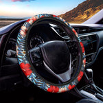 Turquoise Leaves Hibiscus Pattern Print Car Steering Wheel Cover