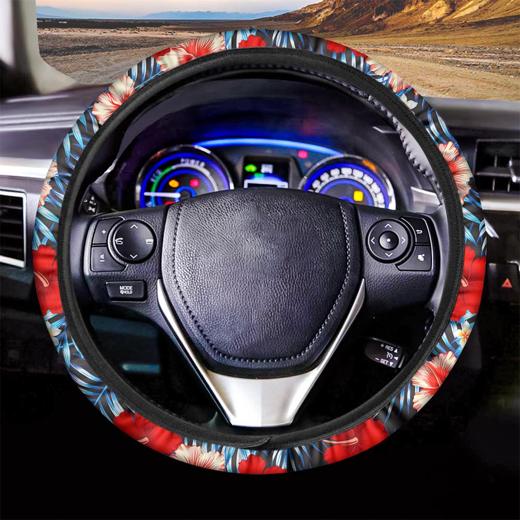 Turquoise Leaves Hibiscus Pattern Print Car Steering Wheel Cover