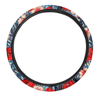 Turquoise Leaves Hibiscus Pattern Print Car Steering Wheel Cover