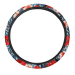 Turquoise Leaves Hibiscus Pattern Print Car Steering Wheel Cover