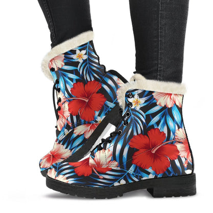 Turquoise Leaves Hibiscus Pattern Print Comfy Boots GearFrost