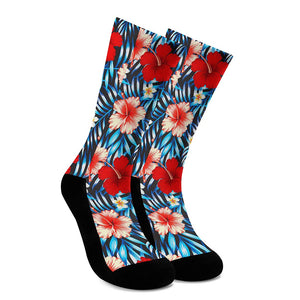 Turquoise Leaves Hibiscus Pattern Print Crew Socks