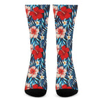 Turquoise Leaves Hibiscus Pattern Print Crew Socks