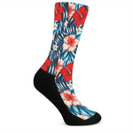 Turquoise Leaves Hibiscus Pattern Print Crew Socks