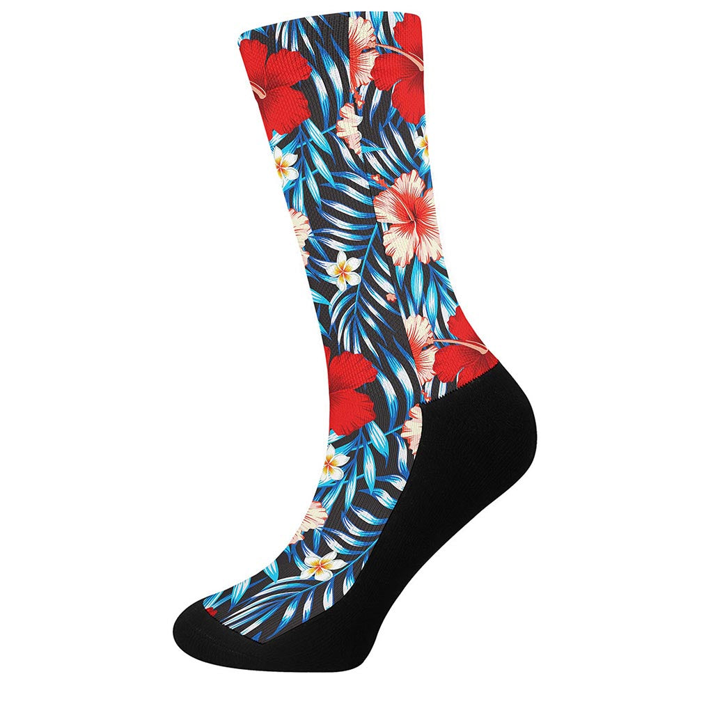 Turquoise Leaves Hibiscus Pattern Print Crew Socks