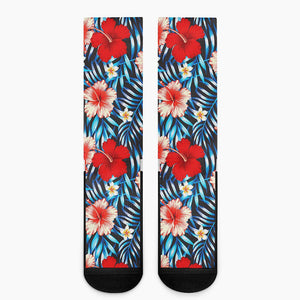 Turquoise Leaves Hibiscus Pattern Print Crew Socks