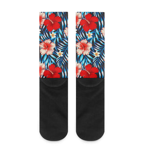 Turquoise Leaves Hibiscus Pattern Print Crew Socks