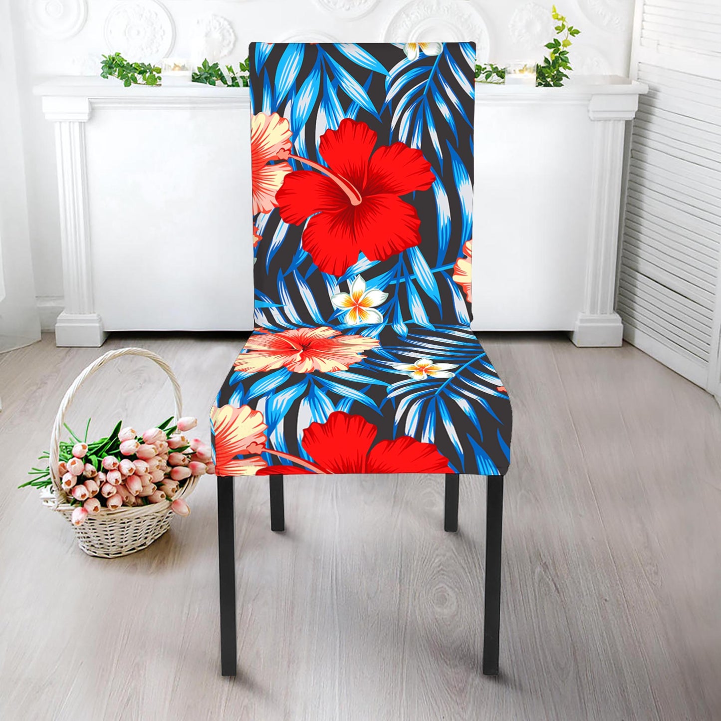 Turquoise Leaves Hibiscus Pattern Print Dining Chair Slipcover