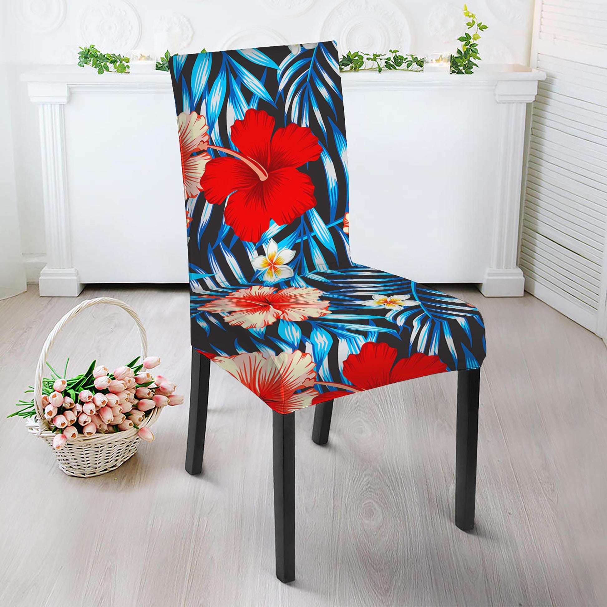 Turquoise Leaves Hibiscus Pattern Print Dining Chair Slipcover