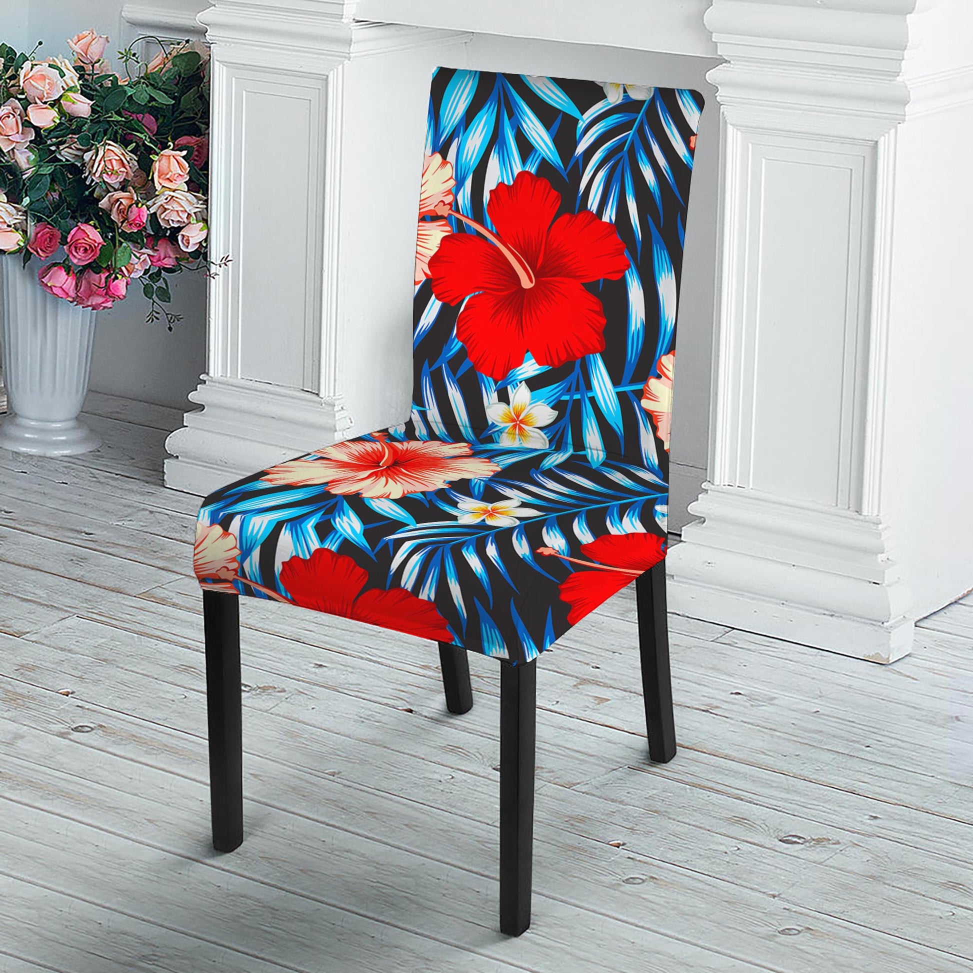 Turquoise Leaves Hibiscus Pattern Print Dining Chair Slipcover