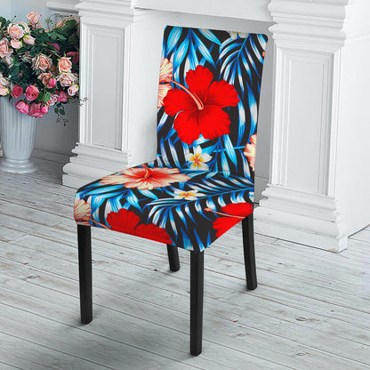 Turquoise Leaves Hibiscus Pattern Print Dining Chair Slipcover