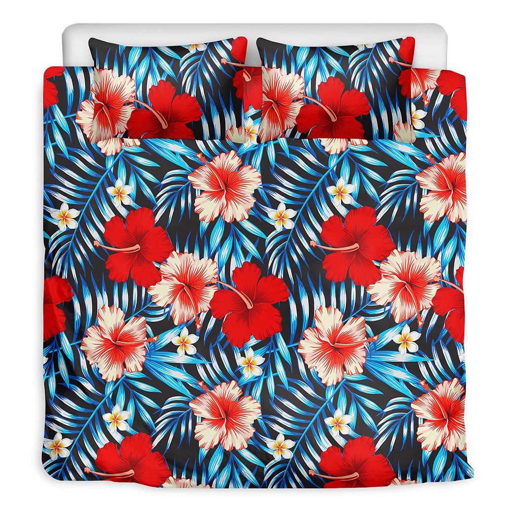 Turquoise Leaves Hibiscus Pattern Print Duvet Cover Bedding Set