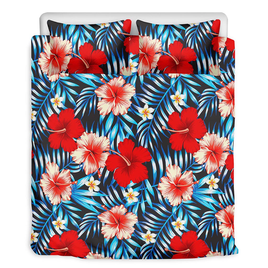 Turquoise Leaves Hibiscus Pattern Print Duvet Cover Bedding Set