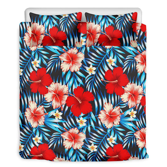 Turquoise Leaves Hibiscus Pattern Print Duvet Cover Bedding Set