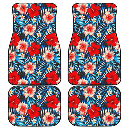 Turquoise Leaves Hibiscus Pattern Print Front and Back Car Floor Mats