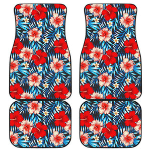 Turquoise Leaves Hibiscus Pattern Print Front and Back Car Floor Mats