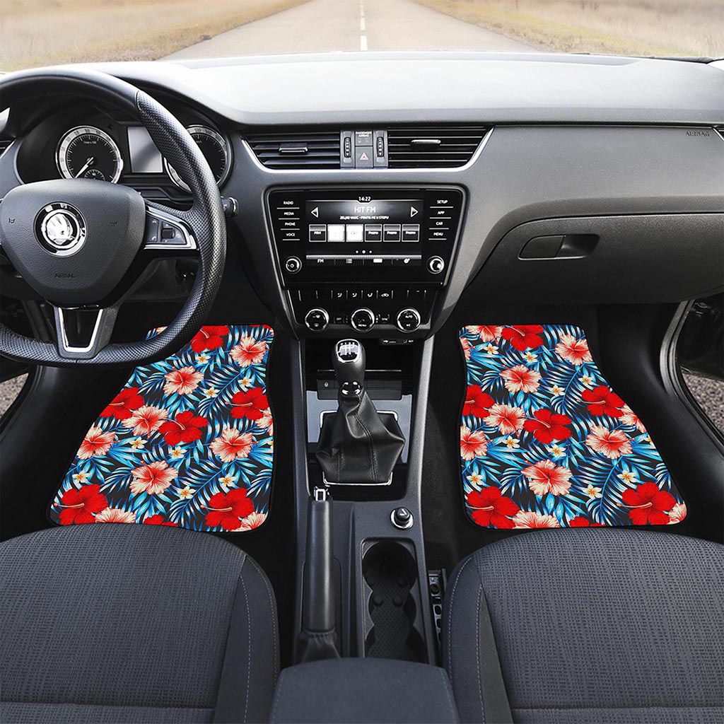 Turquoise Leaves Hibiscus Pattern Print Front and Back Car Floor Mats
