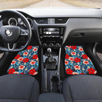 Turquoise Leaves Hibiscus Pattern Print Front and Back Car Floor Mats