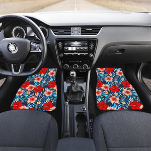 Turquoise Leaves Hibiscus Pattern Print Front and Back Car Floor Mats