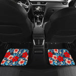 Turquoise Leaves Hibiscus Pattern Print Front and Back Car Floor Mats