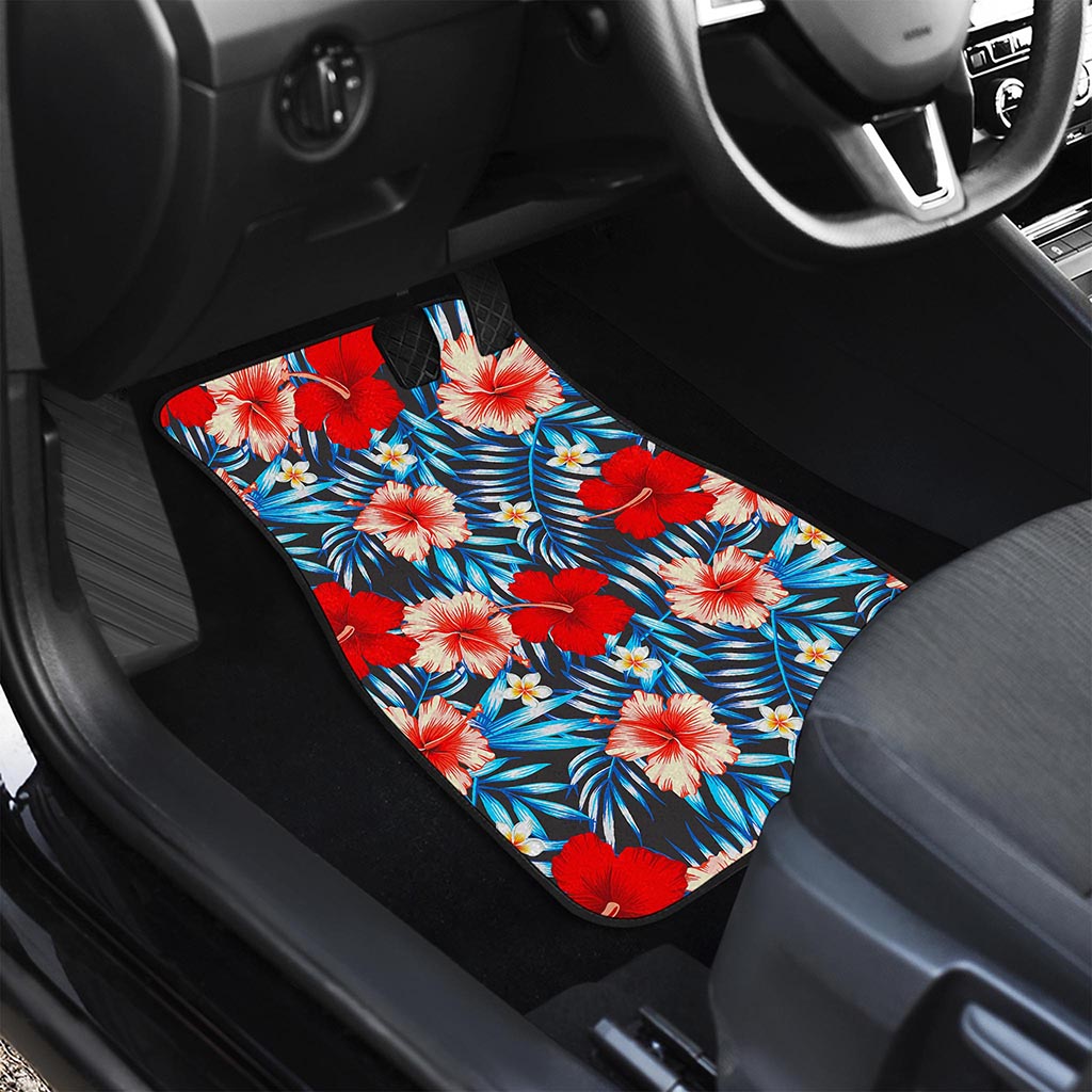 Turquoise Leaves Hibiscus Pattern Print Front and Back Car Floor Mats