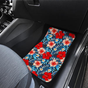 Turquoise Leaves Hibiscus Pattern Print Front and Back Car Floor Mats