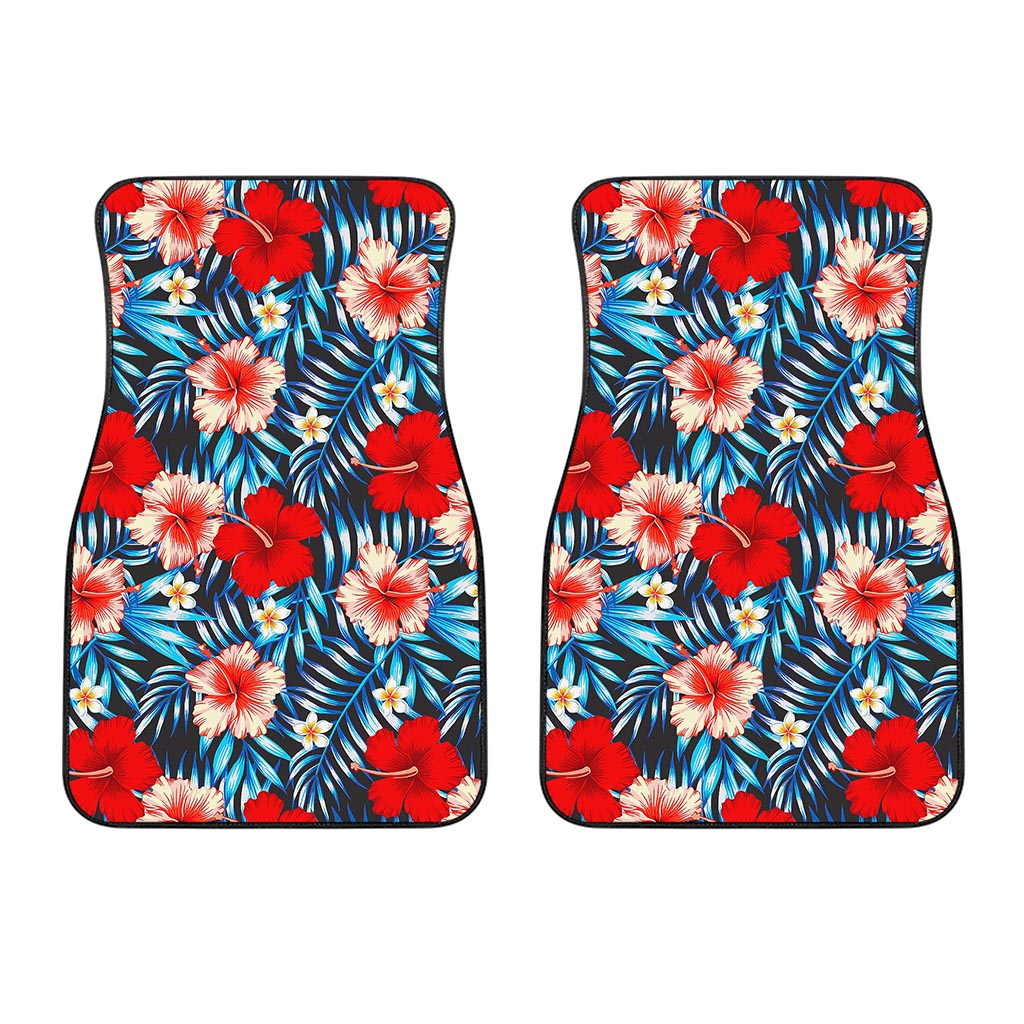 Turquoise Leaves Hibiscus Pattern Print Front Car Floor Mats