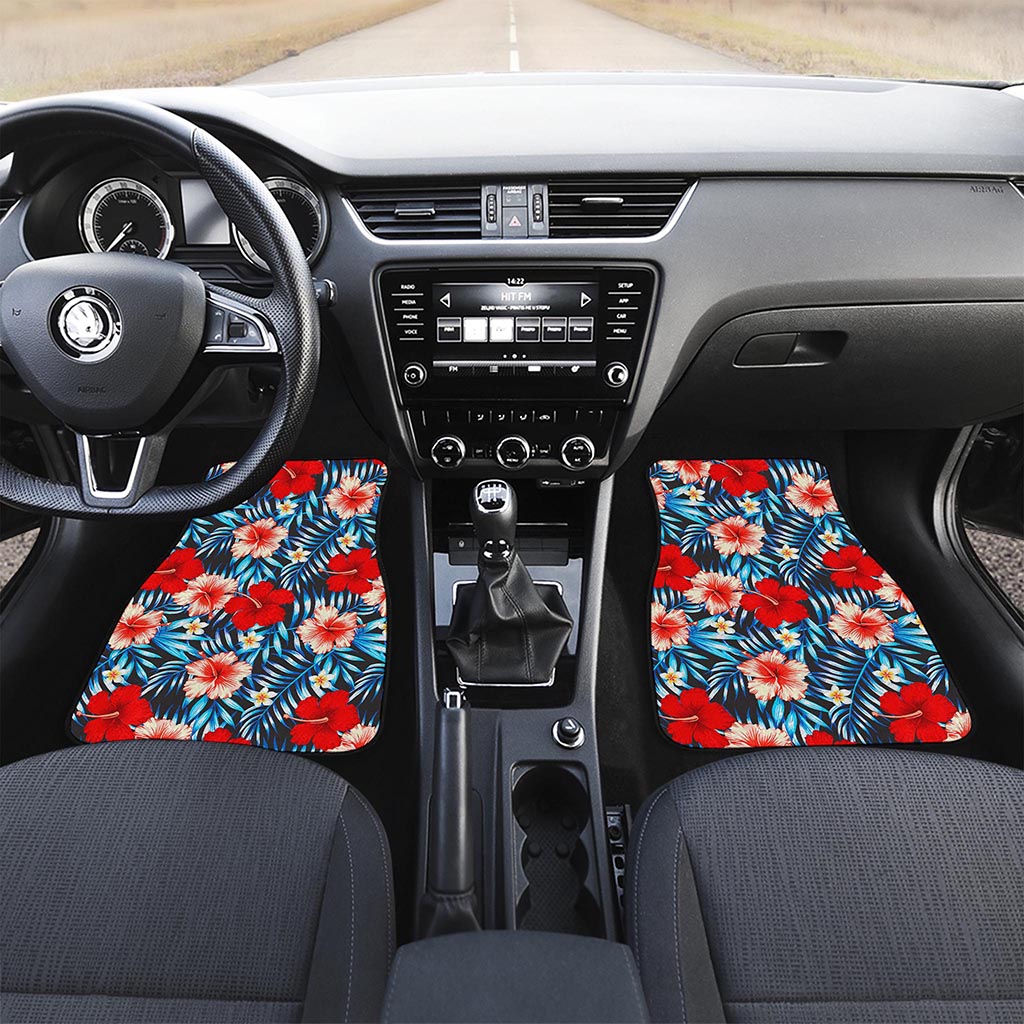 Turquoise Leaves Hibiscus Pattern Print Front Car Floor Mats