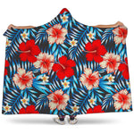 Turquoise Leaves Hibiscus Pattern Print Hooded Blanket
