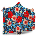 Turquoise Leaves Hibiscus Pattern Print Hooded Blanket
