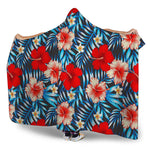 Turquoise Leaves Hibiscus Pattern Print Hooded Blanket